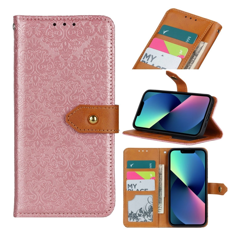 For iPhone 14 Plus European Floral Embossed Copper Buckle Horizontal Flip PU Leather Phone Case
