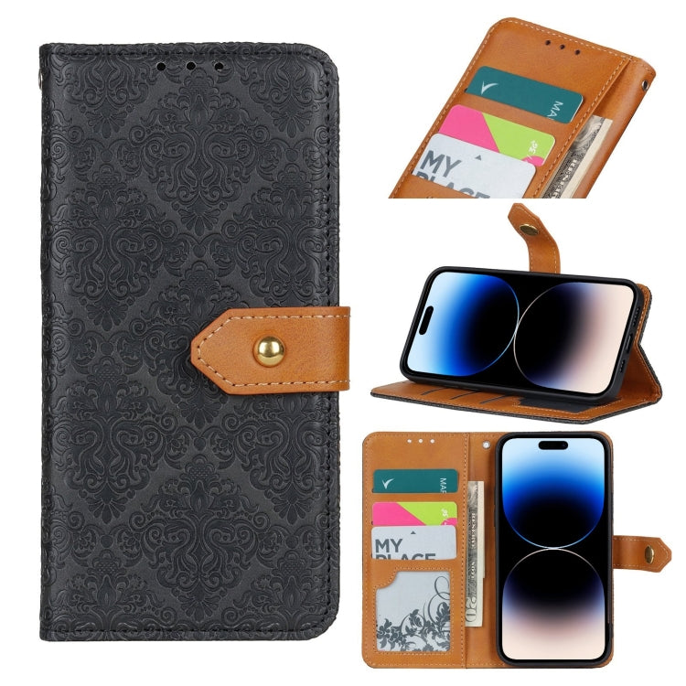 For iPhone 14 Pro European Floral Embossed Copper Buckle Horizontal Flip PU Leather Phone Case