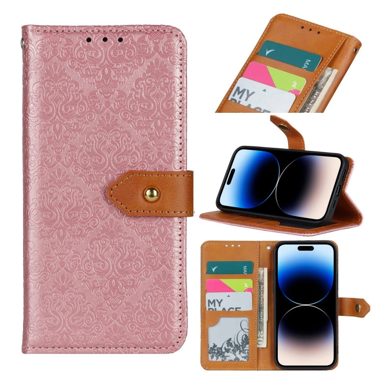 For iPhone 14 Pro European Floral Embossed Copper Buckle Horizontal Flip PU Leather Phone Case