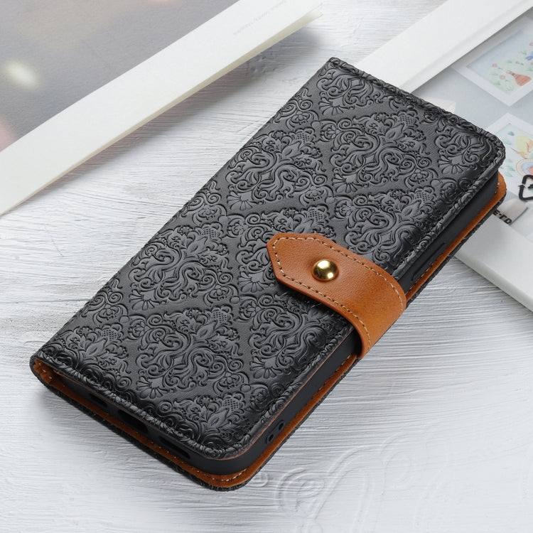 For iPhone 14 Pro Max European Floral Embossed Copper Buckle Horizontal Flip PU Leather Phone Case