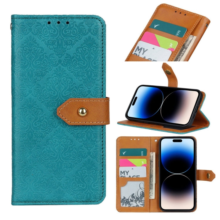 For iPhone 14 Pro Max European Floral Embossed Copper Buckle Horizontal Flip PU Leather Phone Case