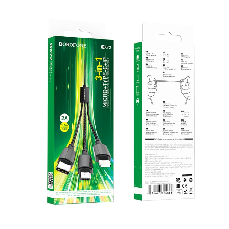 Borofone BX72 Type-C / USB-C + 8 Pin + Micro USB 3 In 1 Charging Cable, Length: 1m