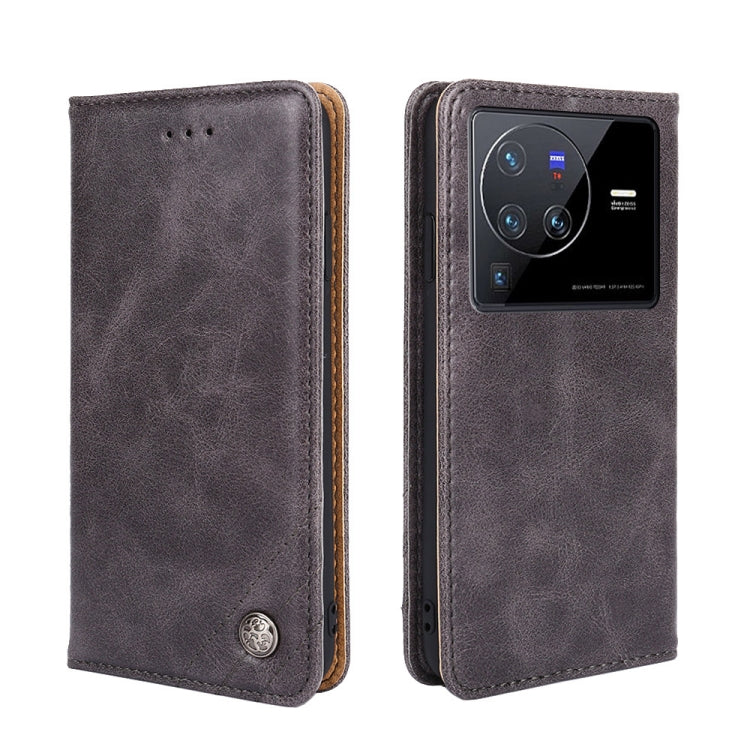 For vivo X80 Pro China Non-Magnetic Retro Texture Leather Phone Case