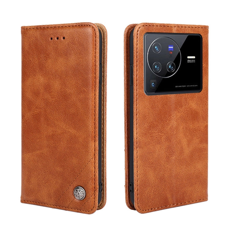 For vivo X80 Pro China Non-Magnetic Retro Texture Leather Phone Case
