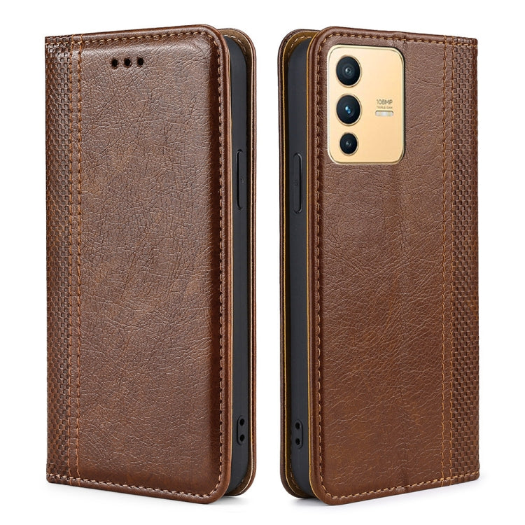For vivo S12 / V23 5G Grid Texture Magnetic Flip Leather Phone Case