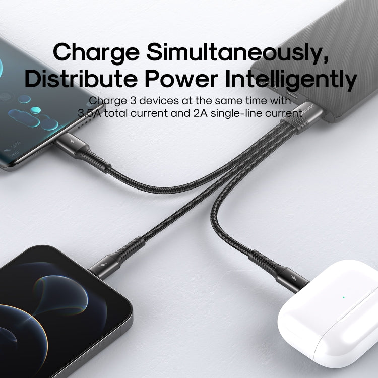 JOYROOM S-01530G10 3 in 1 USB to 8 Pinx2+Type-C Nylon Braid Charging Cable, Length: 15cm(Black)