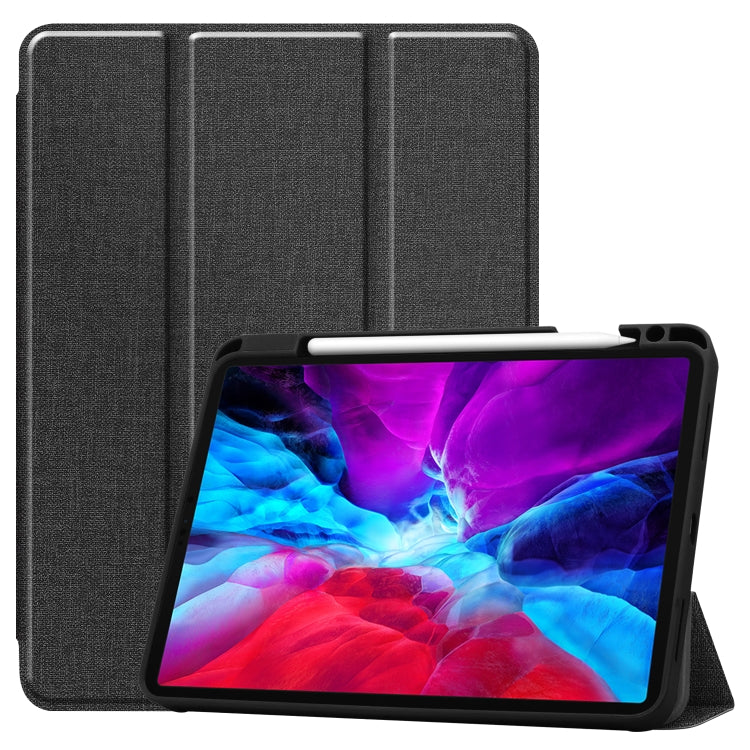 For iPad Pro 12.9 inch 2020 Fabric Denim TPU Smart Tablet Leather Tablet Case with Sleep Function & Tri-Fold Bracket & Pen Slot
