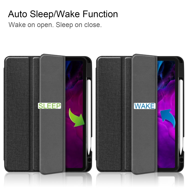 For iPad Pro 12.9 inch 2020 Fabric Denim TPU Smart Tablet Leather Tablet Case with Sleep Function & Tri-Fold Bracket & Pen Slot