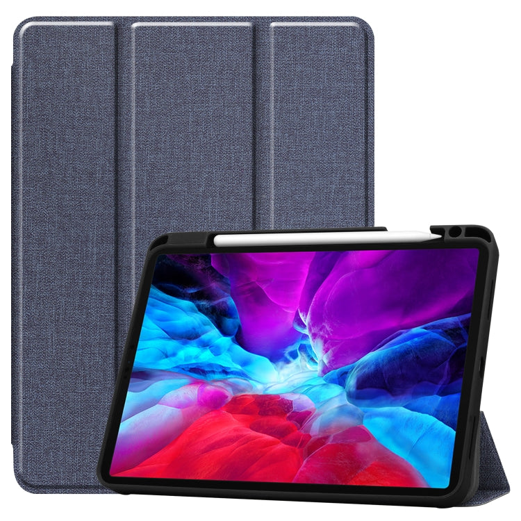 For iPad Pro 12.9 inch 2020 Fabric Denim TPU Smart Tablet Leather Tablet Case with Sleep Function & Tri-Fold Bracket & Pen Slot