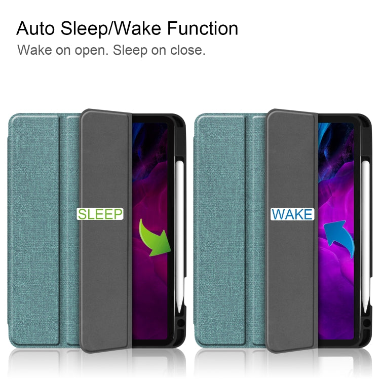 For iPad Pro 12.9 inch 2020 Fabric Denim TPU Smart Tablet Leather Tablet Case with Sleep Function & Tri-Fold Bracket & Pen Slot