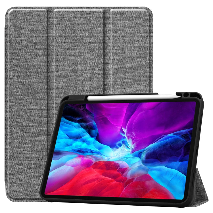For iPad Pro 12.9 inch 2020 Fabric Denim TPU Smart Tablet Leather Tablet Case with Sleep Function & Tri-Fold Bracket & Pen Slot