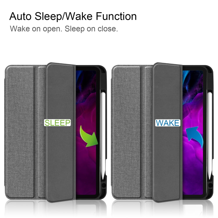 For iPad Pro 12.9 inch 2020 Fabric Denim TPU Smart Tablet Leather Tablet Case with Sleep Function & Tri-Fold Bracket & Pen Slot