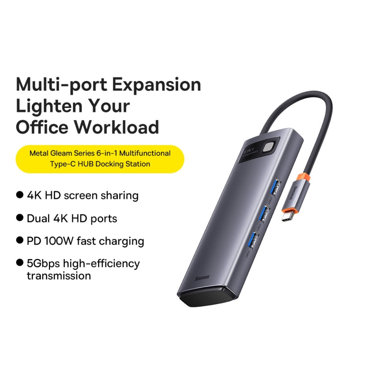 Baseus Metal Gleam Series 6 in 1 Multifunctional USB-C / Type-C HUB Docking Station, Type-C to HDMIx2+USB3.0x3+PDx1