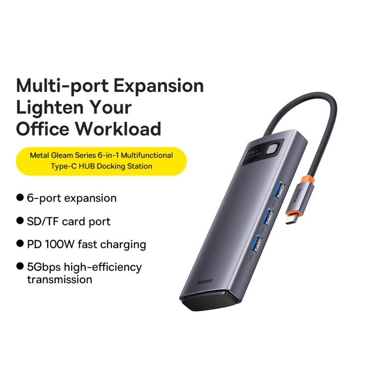 Baseus Metal Gleam Series 6 in 1 Multifunctional USB-C / Type-C HUB Docking Station, Type-C to USB3.0x3+PDx1+SD/TFx1