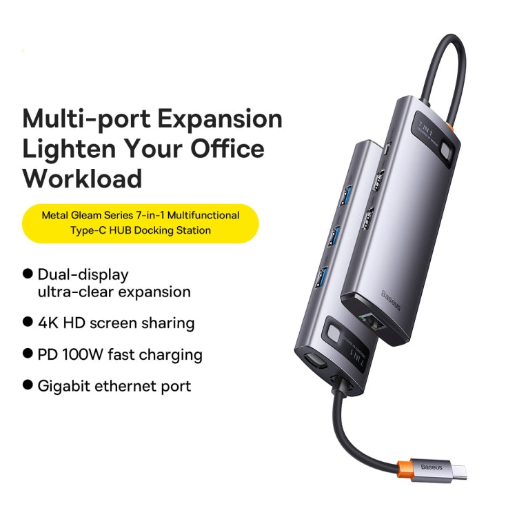 Baseus Metal Gleam Series 7 in 1 Multifunctional USB-C / Type-C HUB Docking Station, Type-C to HDMIx2+USB3.0x3+PDx1+RJ45x1
