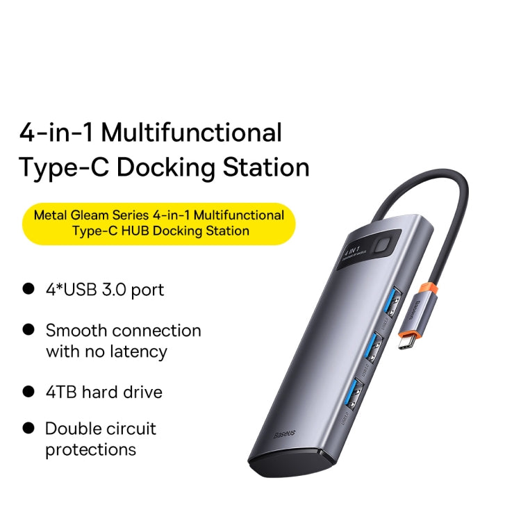 Baseus Metal Gleam Series 4 in 1 Multifunctional USB-C / Type-C HUB Docking Station, Type-C to USB 3.0 x 4