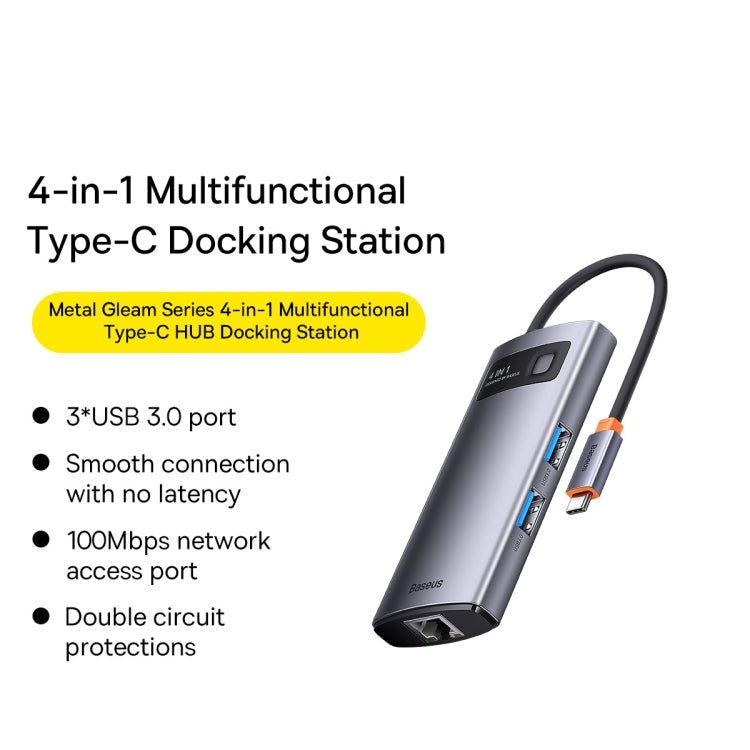 Baseus Metal Gleam Series 4 in 1 Multifunctional USB-C / Type-C HUB Docking Station, Type-C to USB 3.0 x 3 + RJ45 x 1