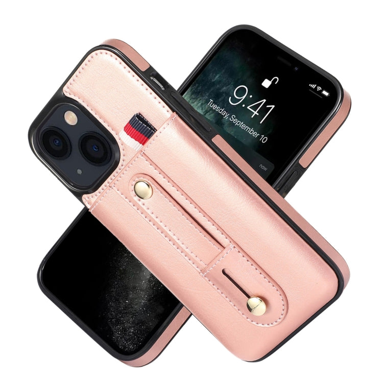 For iPhone 13 mini Wristband Kickstand Wallet Leather Phone Case