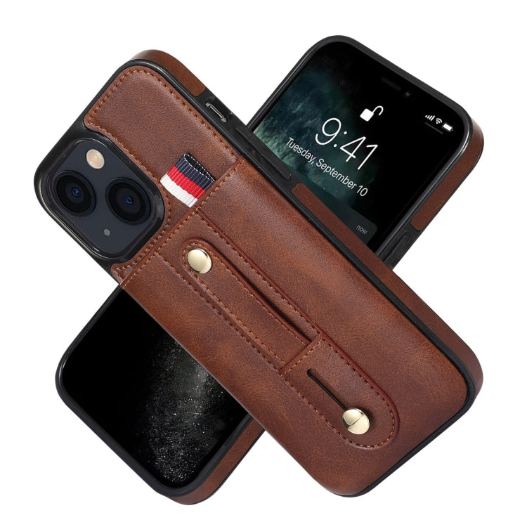 For iPhone 13 Wristband Kickstand Wallet Leather Phone Case