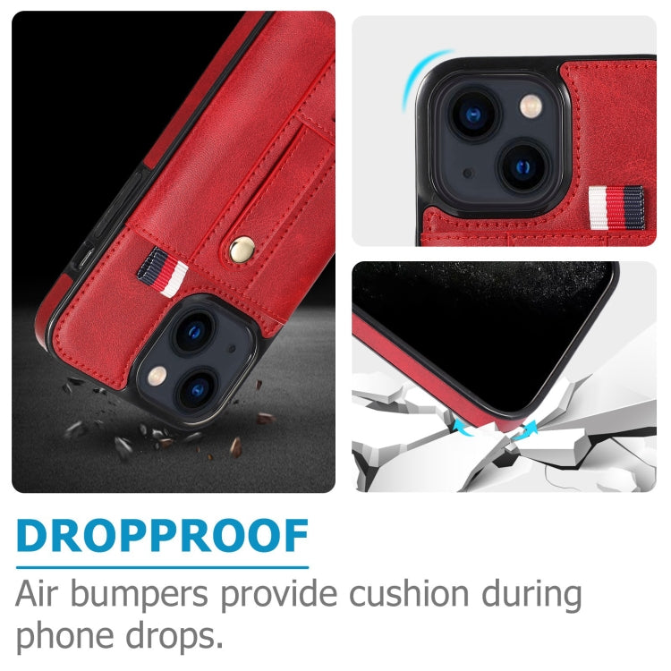 For iPhone 13 Wristband Kickstand Wallet Leather Phone Case