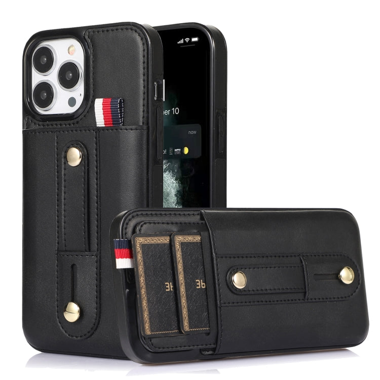 For iPhone 13 Pro Wristband Kickstand Wallet Leather Phone Case