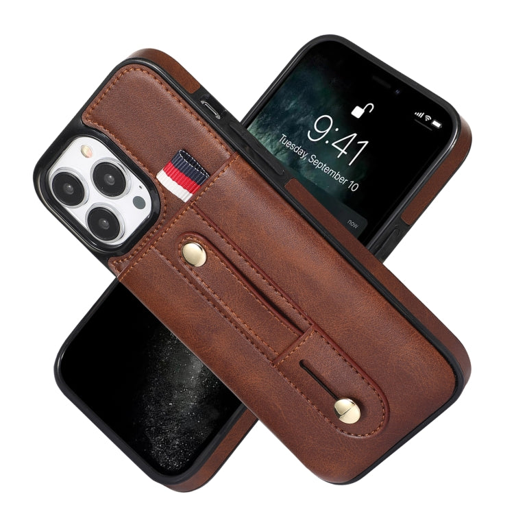 For iPhone 13 Pro Wristband Kickstand Wallet Leather Phone Case