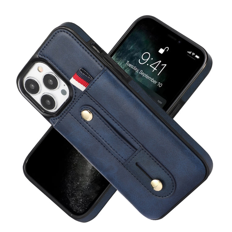For iPhone 13 Pro Wristband Kickstand Wallet Leather Phone Case