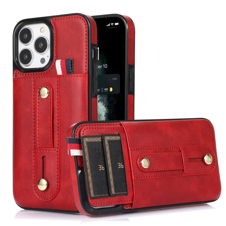 For iPhone 13 Pro Wristband Kickstand Wallet Leather Phone Case