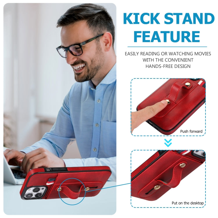 For iPhone 13 Pro Wristband Kickstand Wallet Leather Phone Case