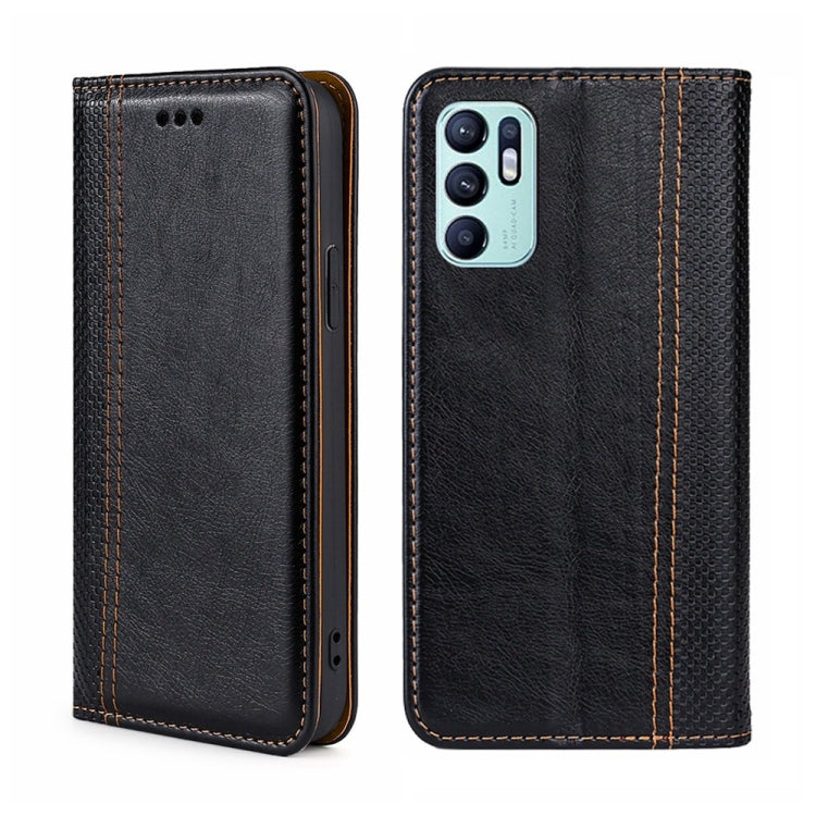 For OPPO Reno6 4G Grid Texture Magnetic Flip Leather Phone Case