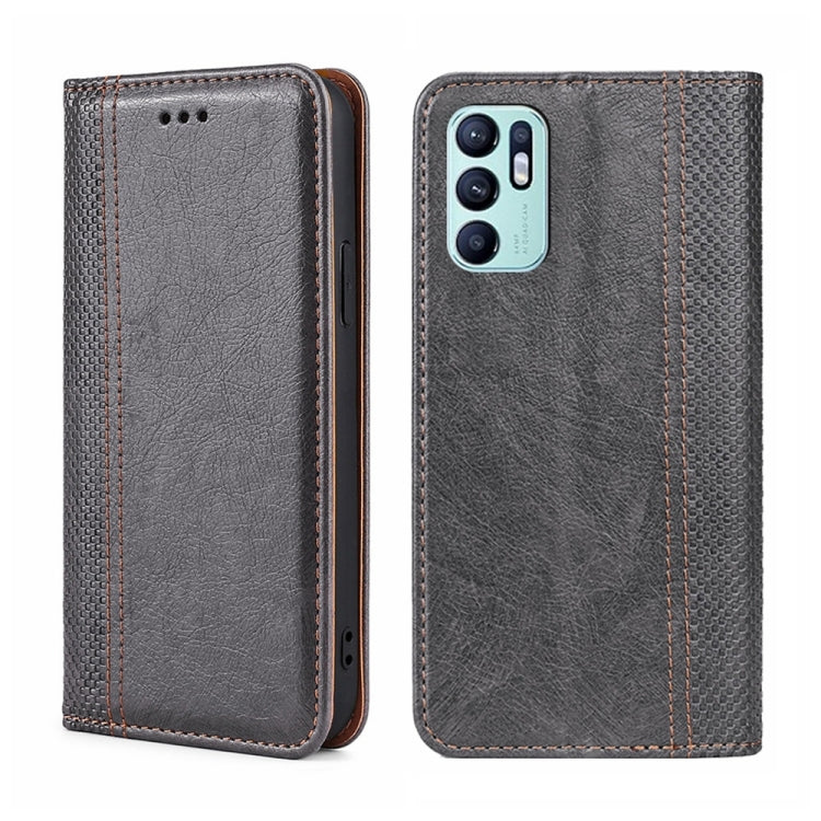 For OPPO Reno6 4G Grid Texture Magnetic Flip Leather Phone Case