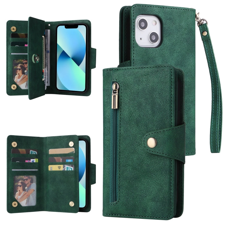 For iPhone 13 Rivet Buckle 9 Cards Three Fold Leather Phone Case