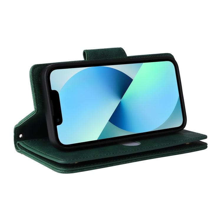 For iPhone 13 Rivet Buckle 9 Cards Three Fold Leather Phone Case