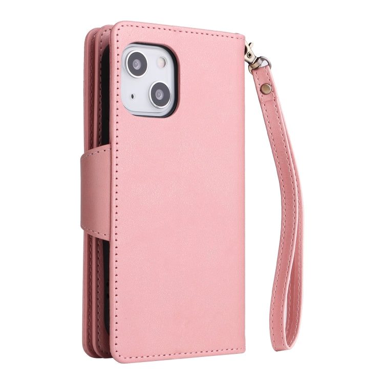 For iPhone 13 Rivet Buckle 9 Cards Three Fold Leather Phone Case