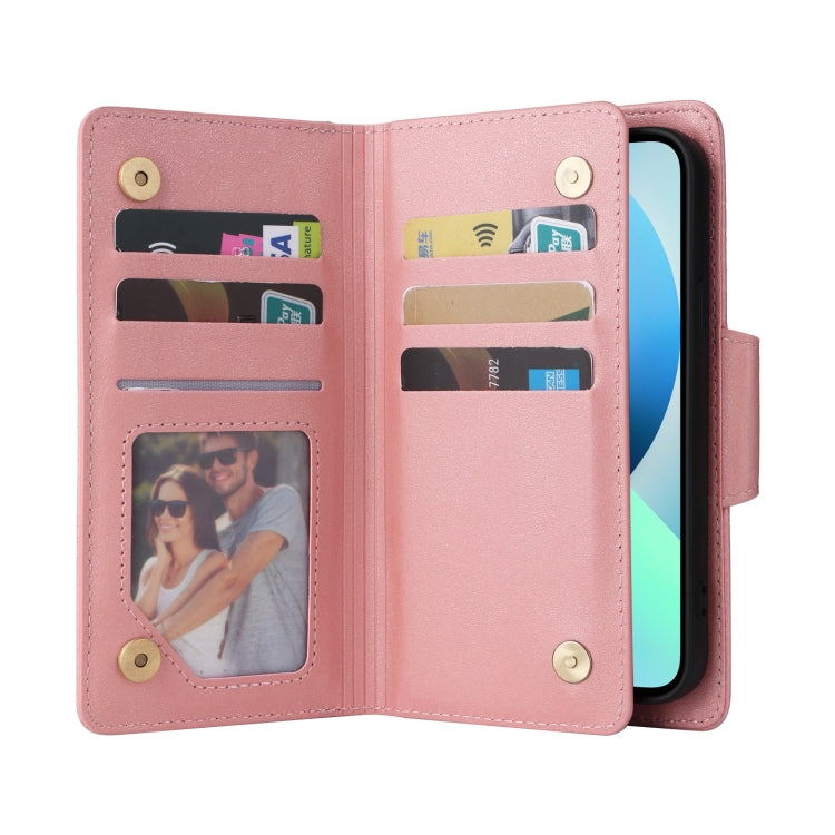 For iPhone 13 Rivet Buckle 9 Cards Three Fold Leather Phone Case