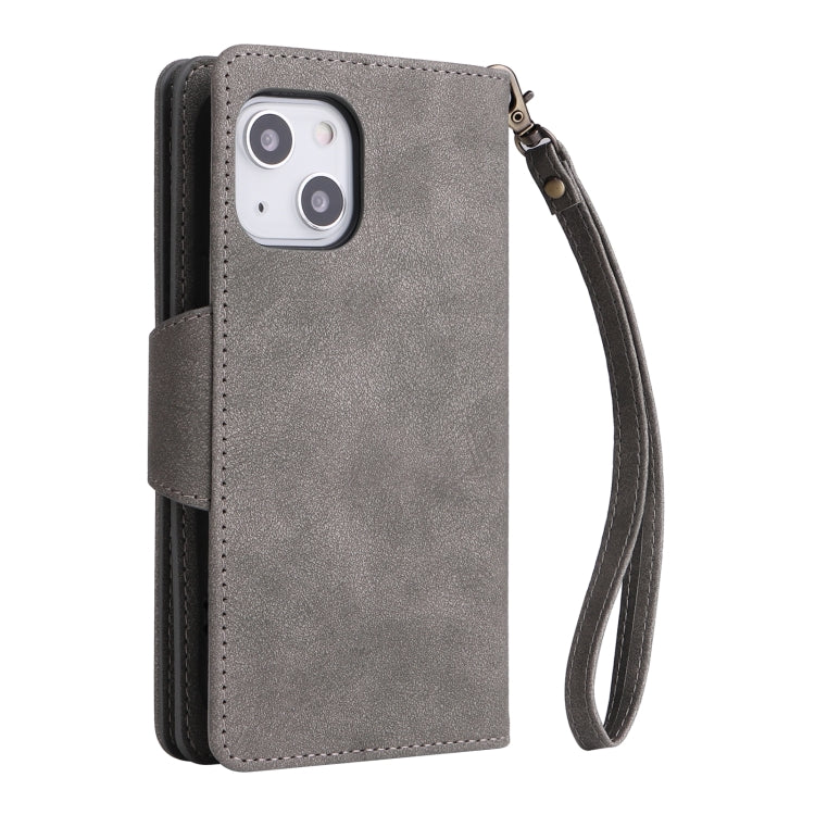 For iPhone 13 Rivet Buckle 9 Cards Three Fold Leather Phone Case
