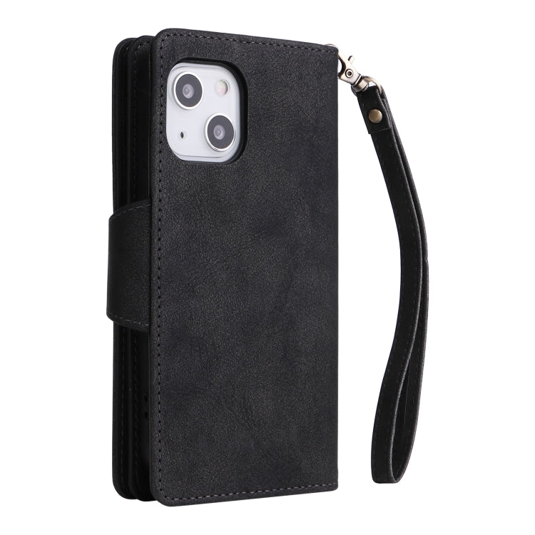 For iPhone 13 Rivet Buckle 9 Cards Three Fold Leather Phone Case
