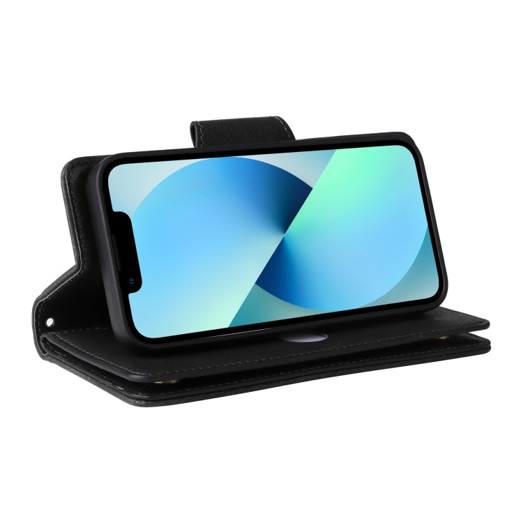 For iPhone 13 Rivet Buckle 9 Cards Three Fold Leather Phone Case