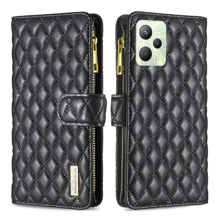 For OPPO Realme C35 Diamond Lattice Zipper Wallet Leather Flip Phone Case