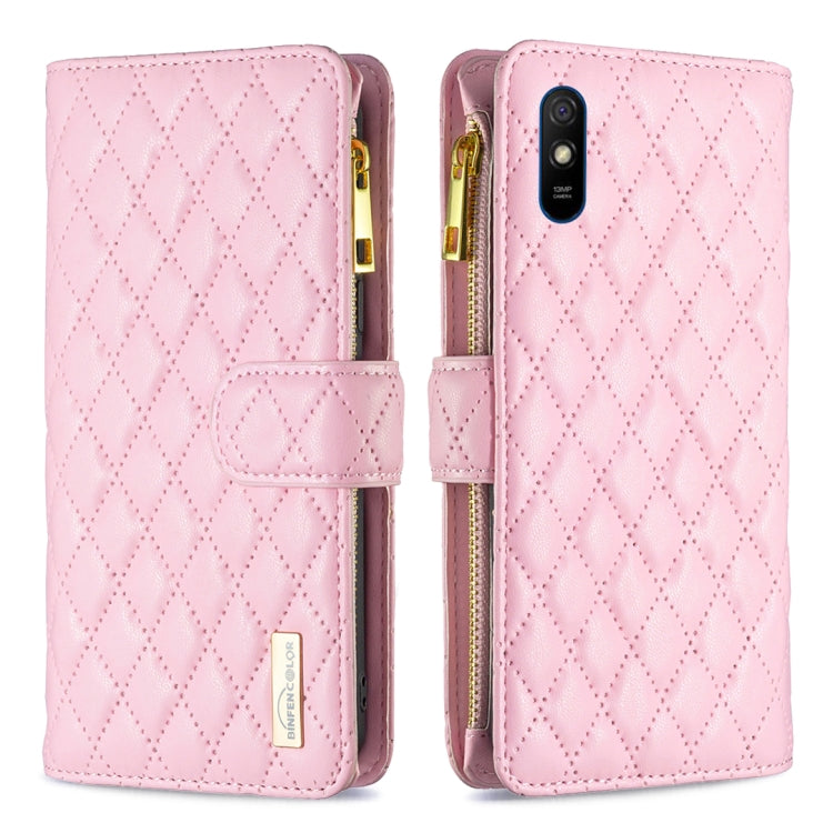 For Xiaomi Redmi 9A Diamond Lattice Zipper Wallet Leather Flip Phone Case