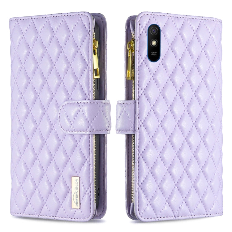 For Xiaomi Redmi 9A Diamond Lattice Zipper Wallet Leather Flip Phone Case