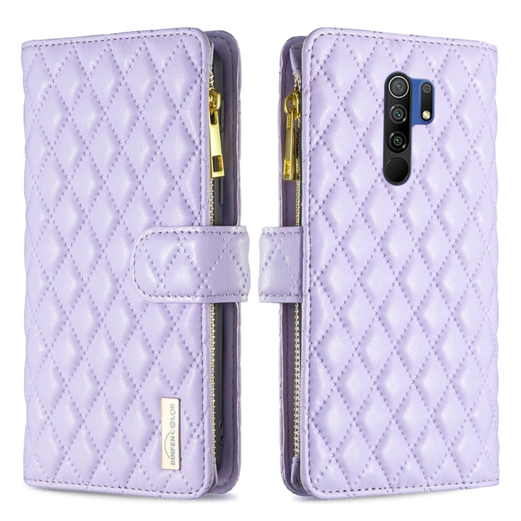 For Xiaomi Redmi 9 Diamond Lattice Zipper Wallet Leather Flip Phone Case