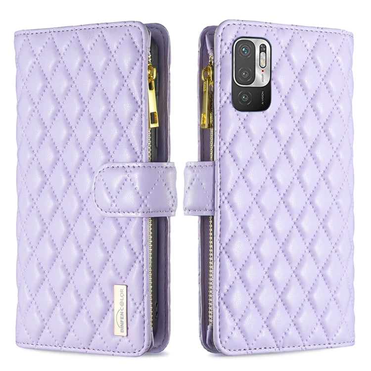 For Xiaomi Poco M3 Pro/Redmi Note 10 5G/10T 5G Diamond Lattice Zipper Wallet Leather Flip Phone Case