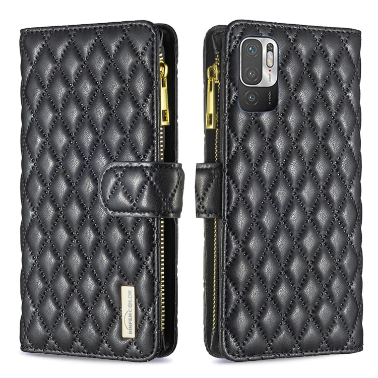 For Xiaomi Poco M3 Pro/Redmi Note 10 5G/10T 5G Diamond Lattice Zipper Wallet Leather Flip Phone Case
