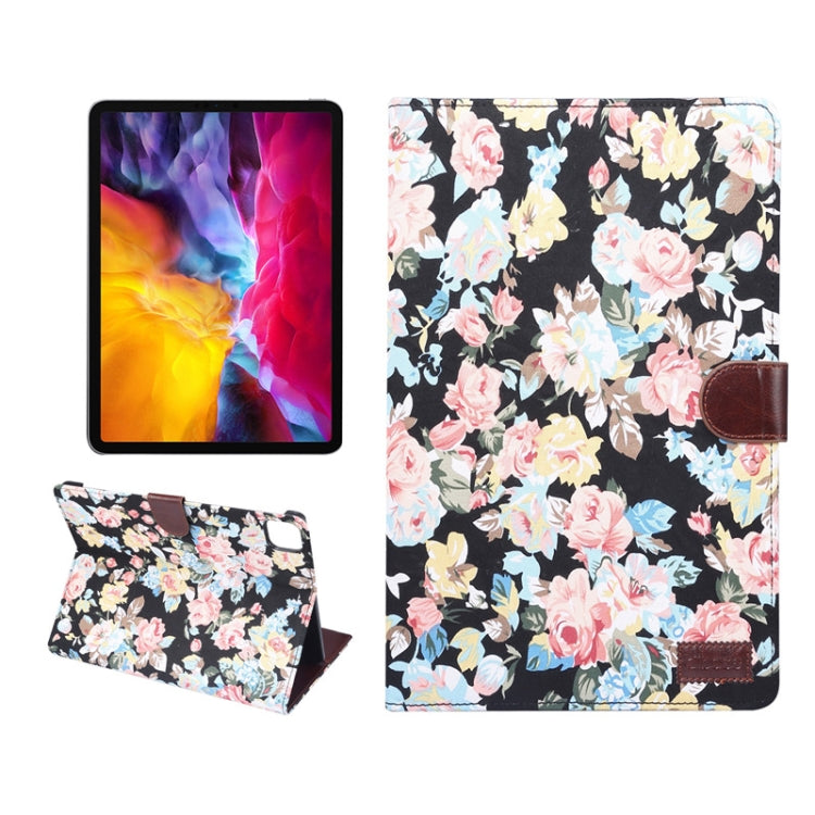 For iPad Pro 11 inch 2020 / 2021 PC + Left And Right Flowering Cloth Holster Wallet Card Holder With Dormancy