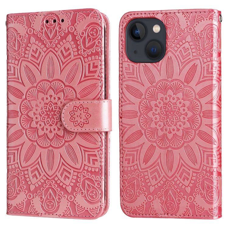 For iPhone 13 mini Embossed Sunflower Leather Phone Case