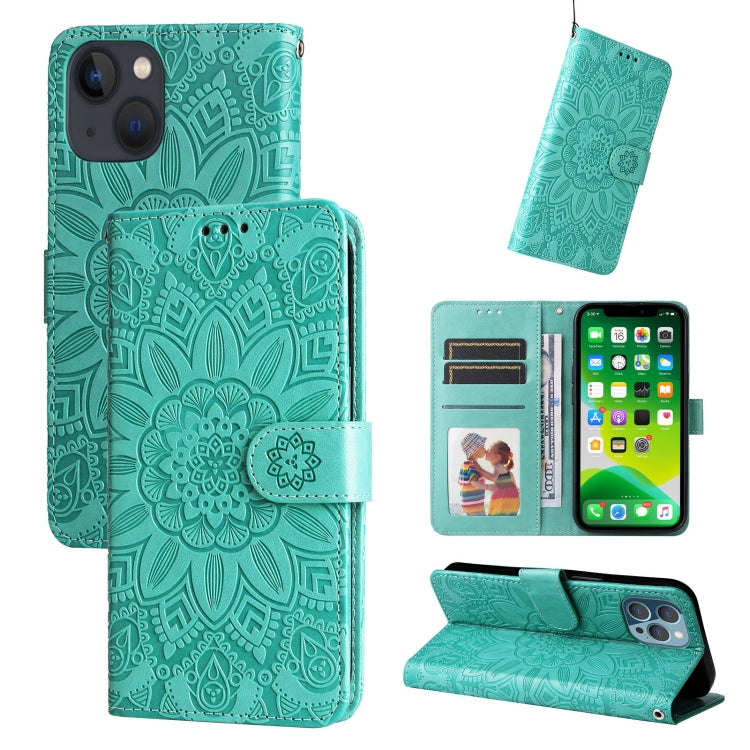 For iPhone 13 mini Embossed Sunflower Leather Phone Case