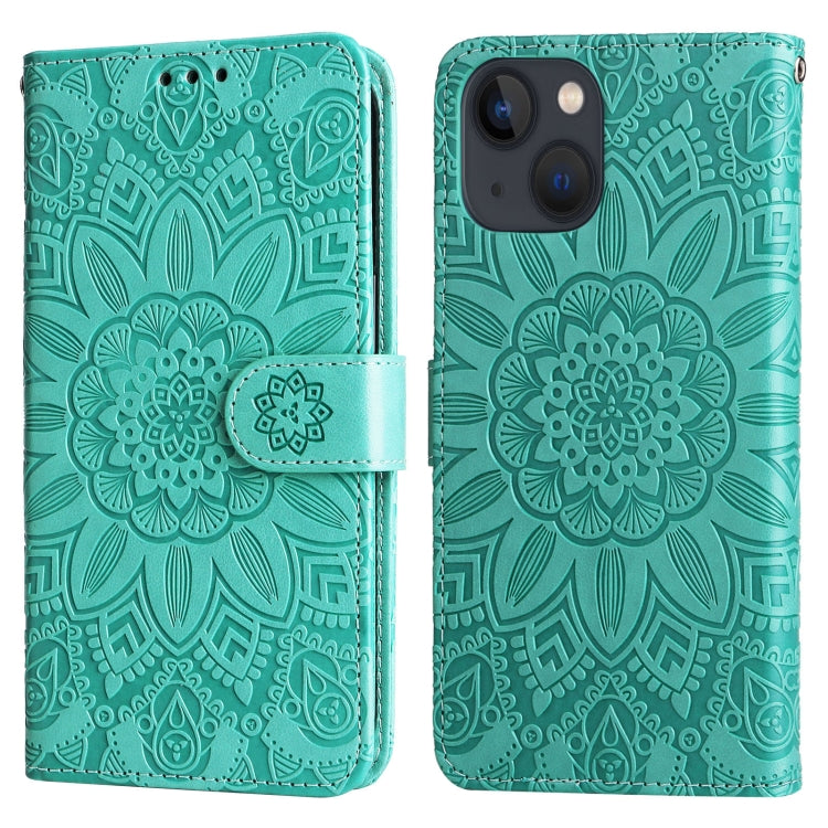 For iPhone 13 mini Embossed Sunflower Leather Phone Case