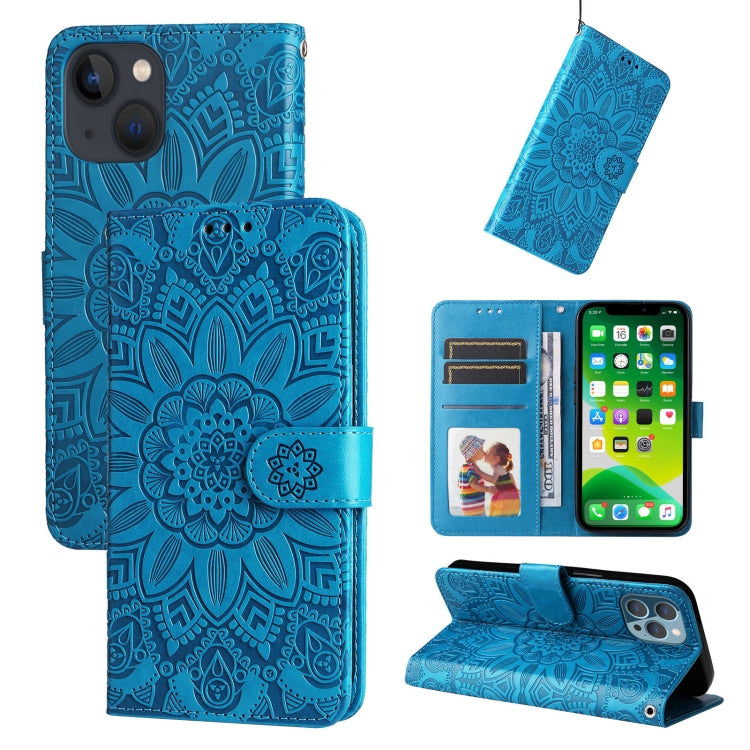 For iPhone 13 mini Embossed Sunflower Leather Phone Case