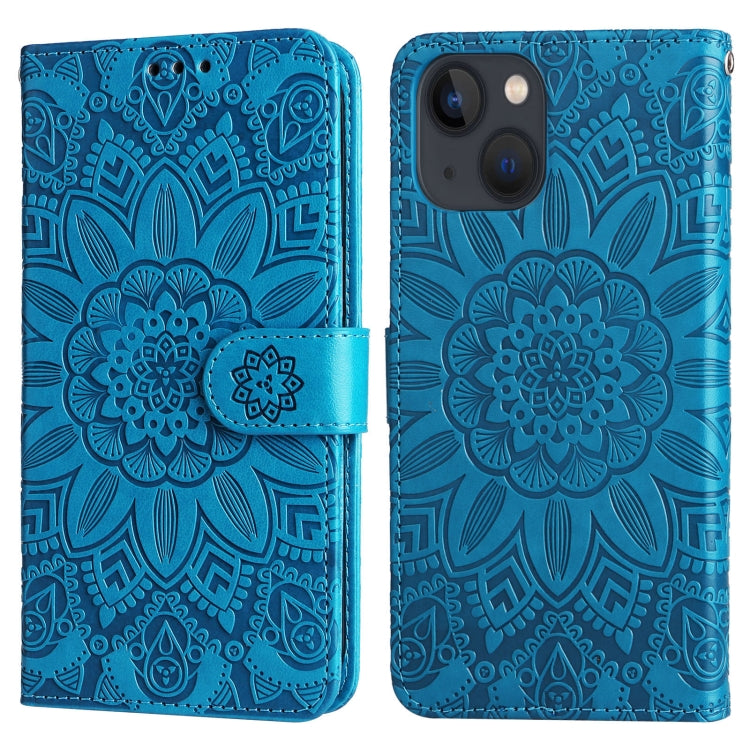 For iPhone 13 mini Embossed Sunflower Leather Phone Case